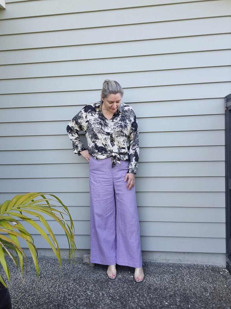 Linen Wide Leg - Lavendar Linen, Elasticated Waist Pants