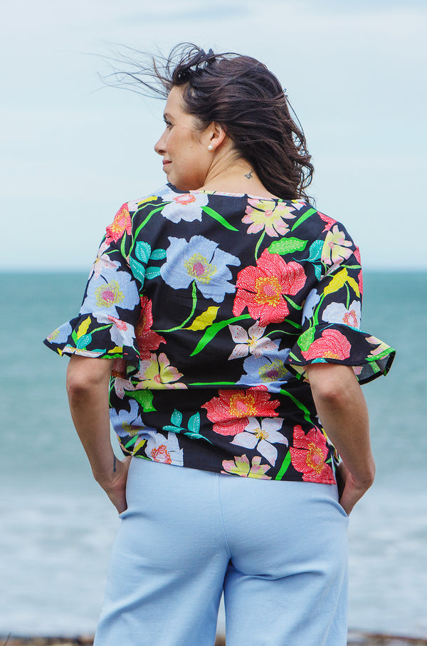 Sorrento Frill Sleeve Top - Black Floral Linen